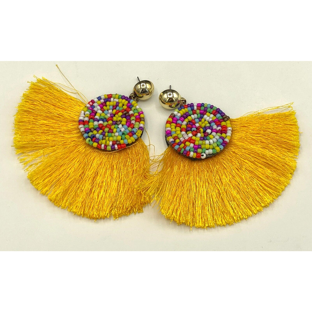 Fringe Fan Earrings Multicolor‎ Beaded Yellow Tassel Boho Festival Dangle Drops